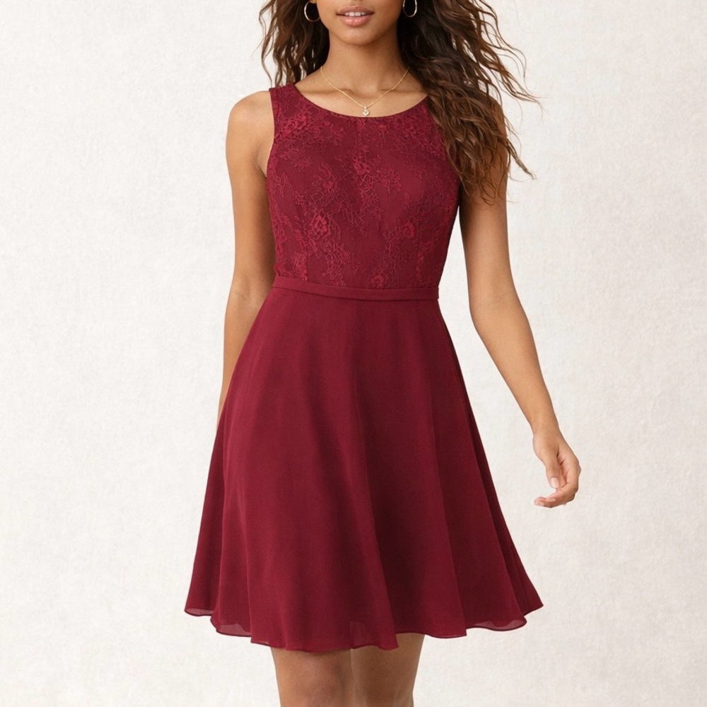 Azazie Lace Sleeveless Mini Dress Dark Red Size 8